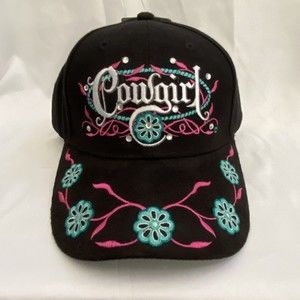 Cowgirl Embroidered Baseball Cap Hat CSI Black Pink Teal Rhinestones Adjustable